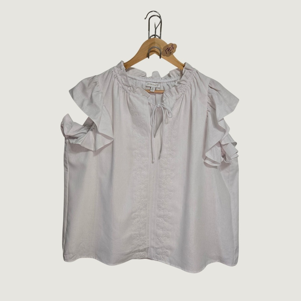 Crown & Ivy White Embroidered Ruffle Neck Flutter Sleeve Blouse XL